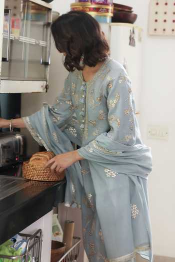 Buy_Summer By Priyanka Gupta_Blue Chanderi Round Neck Ice Vrinda Gota Jaal Kurta Set _Online_at_Aza_Fashions