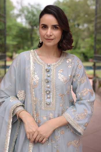 Shop_Summer By Priyanka Gupta_Blue Chanderi Round Neck Ice Vrinda Gota Jaal Kurta Set _Online_at_Aza_Fashions