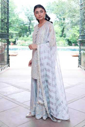 Summer By Priyanka Gupta_Blue Chanderi Round Neck Ice Elena Sharara Set _Online_at_Aza_Fashions