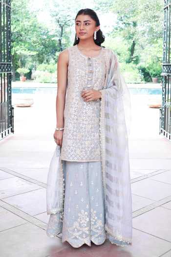 Buy_Summer By Priyanka Gupta_Blue Chanderi Round Neck Ice Elena Sharara Set _Online_at_Aza_Fashions