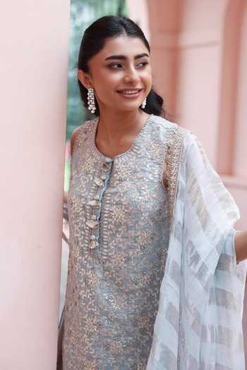 Shop_Summer By Priyanka Gupta_Blue Chanderi Round Neck Ice Elena Sharara Set _Online_at_Aza_Fashions