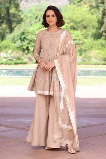Summer By Priyanka Gupta_Beige Chanderi Round Neck Delara Short Anarkali Palazzo Set _Online_at_Aza_Fashions