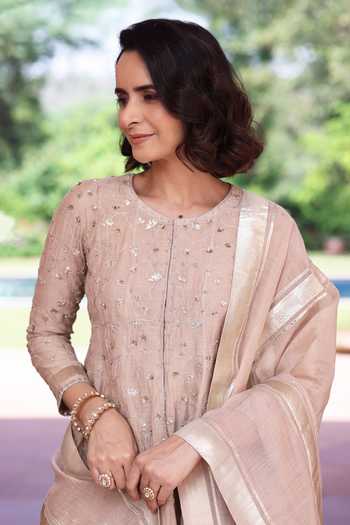 Buy_Summer By Priyanka Gupta_Beige Chanderi Round Neck Delara Short Anarkali Palazzo Set _Online_at_Aza_Fashions