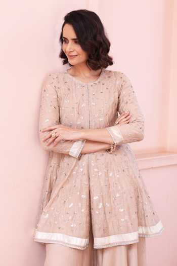 Shop_Summer By Priyanka Gupta_Beige Chanderi Round Neck Delara Short Anarkali Palazzo Set _Online_at_Aza_Fashions