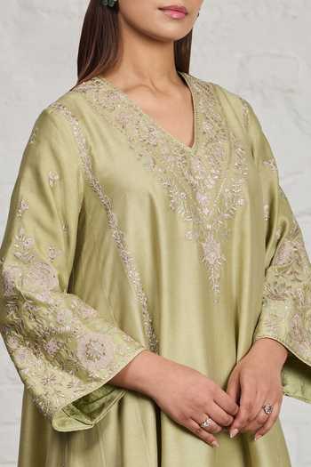 Shop_Sue Mue_Green Silk, Cotton, Chanderi, Valerie Floral Embroidered Choga Kalidar Kurta Set _Online_at_Aza_Fashions