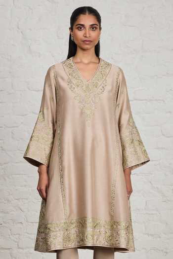 Sue Mue_Beige Silk, Cotton, Chanderi, Crepe, Valerie Embroidered Choga Kalidar Kurta Set _Online_at_Aza_Fashions