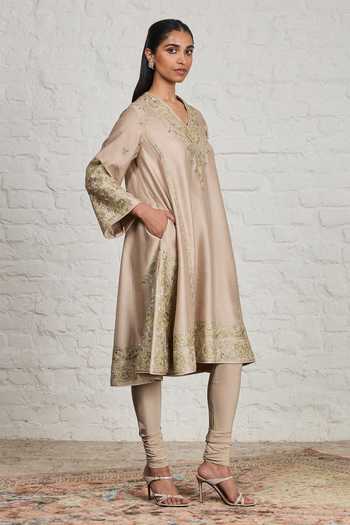 Buy_Sue Mue_Beige Silk, Cotton, Chanderi, Crepe, Valerie Embroidered Choga Kalidar Kurta Set _Online_at_Aza_Fashions