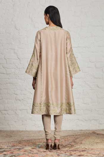 Shop_Sue Mue_Beige Silk, Cotton, Chanderi, Crepe, Valerie Embroidered Choga Kalidar Kurta Set _Online_at_Aza_Fashions