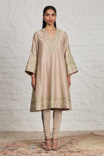 Sue Mue_Beige Silk, Cotton, Chanderi, Crepe, Valerie Embroidered Choga Kalidar Kurta Set _at_Aza_Fashions