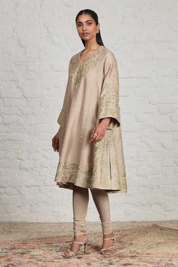 Buy_Sue Mue_Beige Silk, Cotton, Chanderi, Crepe, Valerie Embroidered Choga Kalidar Kurta Set 