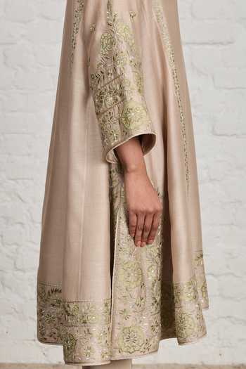 Shop_Sue Mue_Beige Silk, Cotton, Chanderi, Crepe, Valerie Embroidered Choga Kalidar Kurta Set 