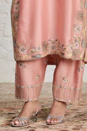 Sue Mue_Peach Silk, Cotton, Chanderi, Tissue Fern Floral Embroidered Kurta Salwar Set _at_Aza_Fashions
