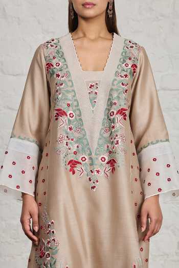 Sue Mue_Beige Silk, Organza, Chanderi Square Neck, Yes Eira Embroidered Kurta Pant Set _at_Aza_Fashions