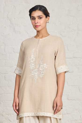 Sue Mue Beige Handloom Cotton, Chanderi, Evelyn Floral Bunch Embroidered Short Kurta Set Online at Aza Fashions Sue Mue_Beige Handloom Cotton, Chanderi, Evelyn Floral Bunch Embroidered Short Kurta Set _Online_at_Aza_Fashions