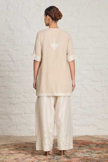 Buy Sue Mue Beige Handloom Cotton, Chanderi, Evelyn Floral Bunch Embroidered Short Kurta Set Online at Aza Fashions Buy_Sue Mue_Beige Handloom Cotton, Chanderi, Evelyn Floral Bunch Embroidered Short Kurta Set _Online_at_Aza_Fashions