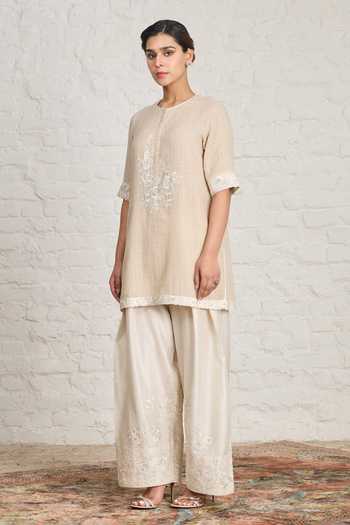 Shop_Sue Mue_Beige Handloom Cotton, Chanderi, Evelyn Floral Bunch Embroidered Short Kurta Set _Online_at_Aza_Fashions