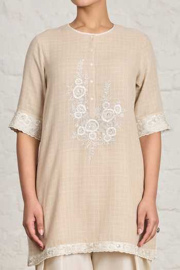 Buy Sue Mue Beige Handloom Cotton, Chanderi, Evelyn Floral Bunch Embroidered Short Kurta Set Buy_Sue Mue_Beige Handloom Cotton, Chanderi, Evelyn Floral Bunch Embroidered Short Kurta Set