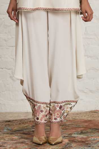 Sue Mue_Off White Silk, Chanderi, Crepe Serene Embroidered Kurta And Draped Salwar Set _Online_at_Aza_Fashions