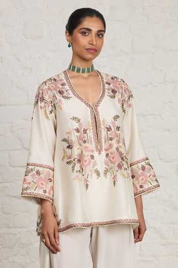 Buy_Sue Mue_Off White Silk, Chanderi, Crepe Serene Embroidered Kurta And Draped Salwar Set _Online_at_Aza_Fashions