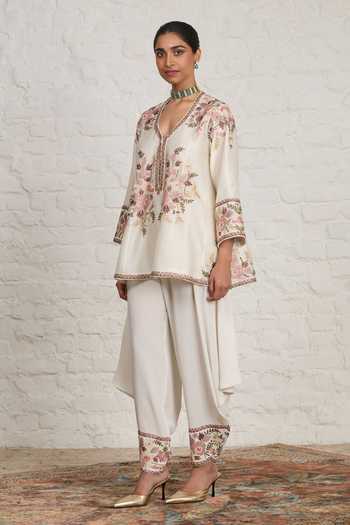 Shop_Sue Mue_Off White Silk, Chanderi, Crepe Serene Embroidered Kurta And Draped Salwar Set _Online_at_Aza_Fashions