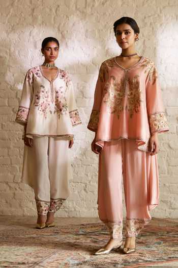 Sue Mue_Off White Silk, Chanderi, Crepe Serene Embroidered Kurta And Draped Salwar Set _at_Aza_Fashions