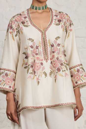 Buy_Sue Mue_Off White Silk, Chanderi, Crepe Serene Embroidered Kurta And Draped Salwar Set 
