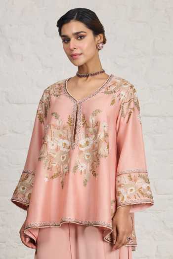 Sue Mue_Pink Silk, Chanderi, Crepe Serene Short Embroidered Kurta And Draped Salwar Set _Online_at_Aza_Fashions