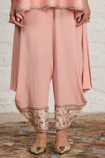 Buy_Sue Mue_Pink Silk, Chanderi, Crepe Serene Short Embroidered Kurta And Draped Salwar Set _Online_at_Aza_Fashions