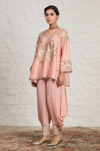 Shop_Sue Mue_Pink Silk, Chanderi, Crepe Serene Short Embroidered Kurta And Draped Salwar Set _Online_at_Aza_Fashions
