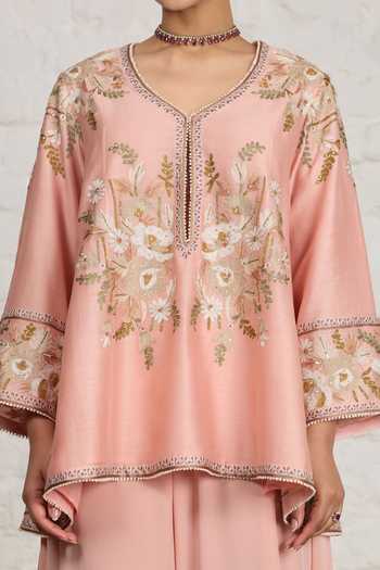 Sue Mue_Pink Silk, Chanderi, Crepe Serene Short Embroidered Kurta And Draped Salwar Set _at_Aza_Fashions