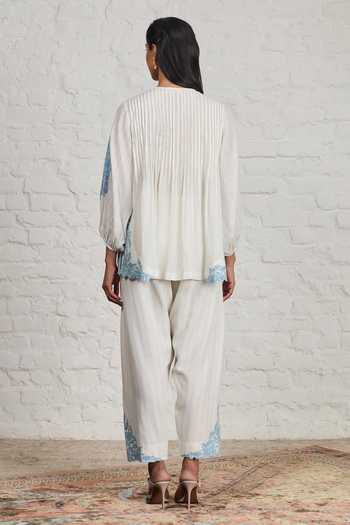 Buy_Sue Mue_Off White Chanderi, Handloom Letty Floral Bunch Embroidered Short Kurta Set _Online_at_Aza_Fashions