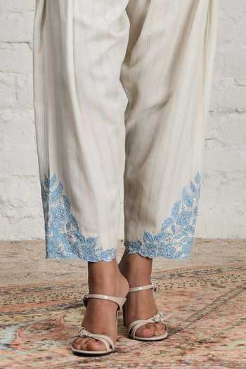 Shop_Sue Mue_Off White Chanderi, Handloom Letty Floral Bunch Embroidered Short Kurta Set _Online_at_Aza_Fashions