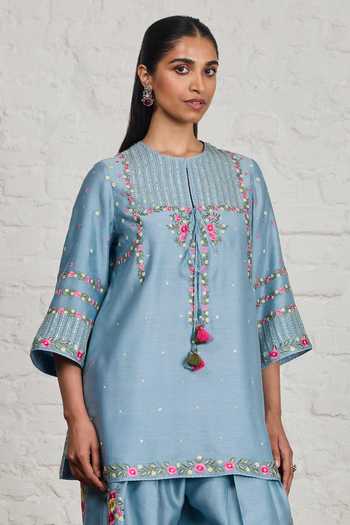 Sue Mue Blue Silk, Cotton, Chanderi, Tissue Annora Embroidered Short Kurta Salwar Set Online at Aza Fashions Sue Mue_Blue Silk, Cotton, Chanderi, Tissue Annora Embroidered Short Kurta Salwar Set _Online_at_Aza_Fashions