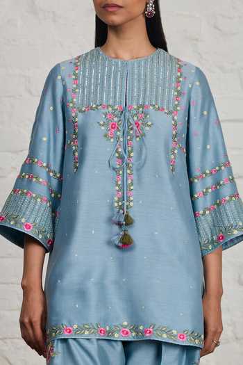 Buy Sue Mue Blue Silk, Cotton, Chanderi, Tissue Annora Embroidered Short Kurta Salwar Set Online at Aza Fashions Buy_Sue Mue_Blue Silk, Cotton, Chanderi, Tissue Annora Embroidered Short Kurta Salwar Set _Online_at_Aza_Fashions