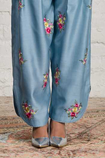Shop Sue Mue Blue Silk, Cotton, Chanderi, Tissue Annora Embroidered Short Kurta Salwar Set Online at Aza Fashions Shop_Sue Mue_Blue Silk, Cotton, Chanderi, Tissue Annora Embroidered Short Kurta Salwar Set _Online_at_Aza_Fashions