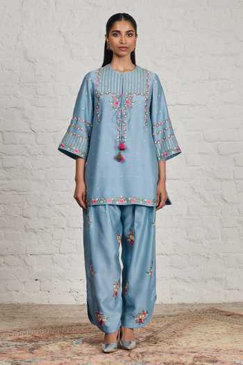 Sue Mue Blue Silk, Cotton, Chanderi, Tissue Annora Embroidered Short Kurta Salwar Set at Aza Fashions Sue Mue_Blue Silk, Cotton, Chanderi, Tissue Annora Embroidered Short Kurta Salwar Set _at_Aza_Fashions