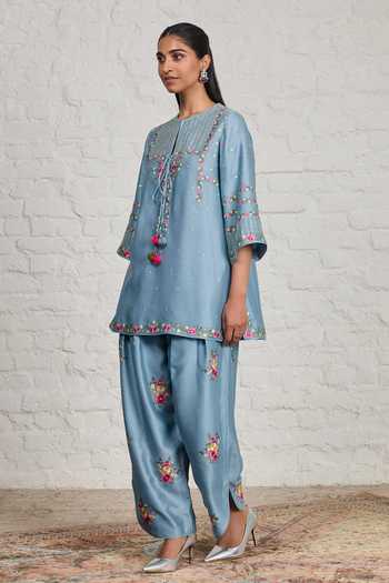 Buy Sue Mue Blue Silk, Cotton, Chanderi, Tissue Annora Embroidered Short Kurta Salwar Set Buy_Sue Mue_Blue Silk, Cotton, Chanderi, Tissue Annora Embroidered Short Kurta Salwar Set