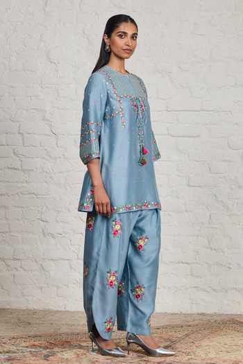 Shop Sue Mue Blue Silk, Cotton, Chanderi, Tissue Annora Embroidered Short Kurta Salwar Set Shop_Sue Mue_Blue Silk, Cotton, Chanderi, Tissue Annora Embroidered Short Kurta Salwar Set