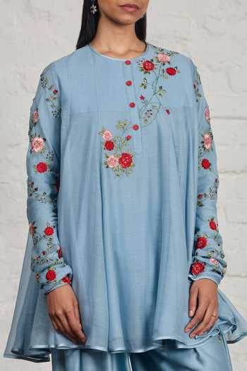 Sue Mue_Blue Silk, Chanderi Round Neck Faye Floral Embroidered Short Anarkali Set _Online_at_Aza_Fashions
