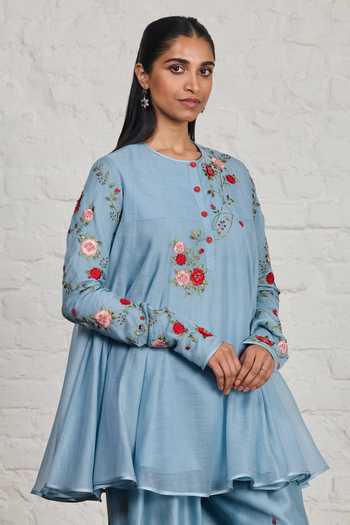 Buy_Sue Mue_Blue Silk, Chanderi Round Neck Faye Floral Embroidered Short Anarkali Set _Online_at_Aza_Fashions