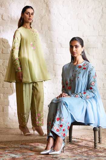 Shop_Sue Mue_Blue Silk, Chanderi Round Neck Faye Floral Embroidered Short Anarkali Set _Online_at_Aza_Fashions