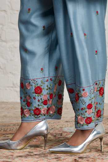 Sue Mue_Blue Silk, Chanderi Round Neck Faye Floral Embroidered Short Anarkali Set _at_Aza_Fashions