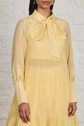 Sue Mue_Yellow Silk, Cotton, Chanderi Collared Neck Cora Gathered Tunic And Salwar Set _Online_at_Aza_Fashions