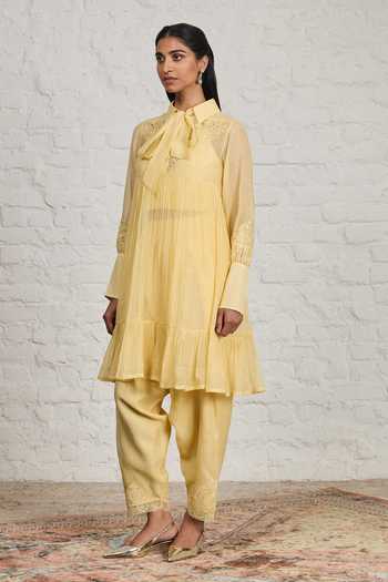 Buy_Sue Mue_Yellow Silk, Cotton, Chanderi Collared Neck Cora Gathered Tunic And Salwar Set _Online_at_Aza_Fashions