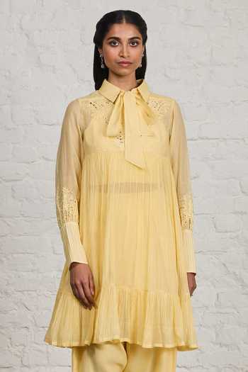 Shop_Sue Mue_Yellow Silk, Cotton, Chanderi Collared Neck Cora Gathered Tunic And Salwar Set _Online_at_Aza_Fashions