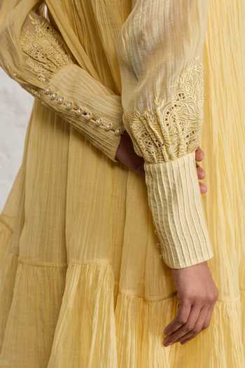 Sue Mue_Yellow Silk, Cotton, Chanderi Collared Neck Cora Gathered Tunic And Salwar Set _at_Aza_Fashions