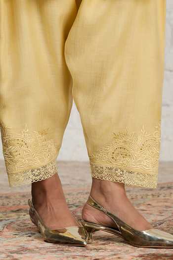 Buy_Sue Mue_Yellow Silk, Cotton, Chanderi Collared Neck Cora Gathered Tunic And Salwar Set 