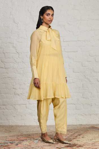 Shop_Sue Mue_Yellow Silk, Cotton, Chanderi Collared Neck Cora Gathered Tunic And Salwar Set 