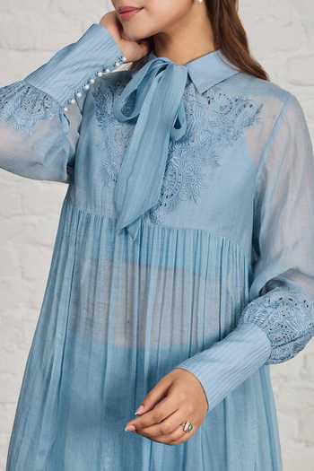 Sue Mue_Blue Silk, Cotton, Chanderi Collared Neck, Yes Cora Pleated Tunic And Salwar Set _Online_at_Aza_Fashions