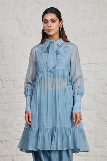 Buy_Sue Mue_Blue Silk, Cotton, Chanderi Collared Neck, Yes Cora Pleated Tunic And Salwar Set _Online_at_Aza_Fashions